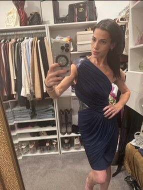 Vintage BEBE Addiction Rare Y2K Blue/Silver Sequin Grecian 1-Shoulder Dress M
